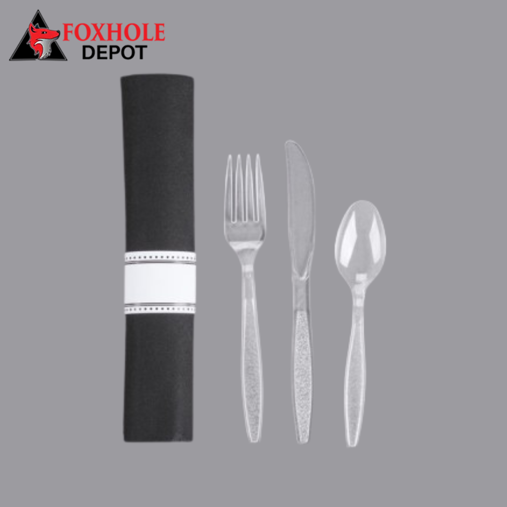 17" x 17" Black Pre-Rolled Linen-Feel Napkin and Clear Heavy Weight Plastic Cutlery Set - 25/Pack