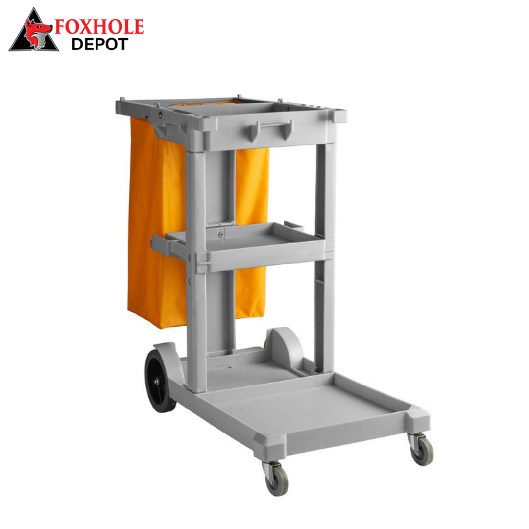 Janitorial Cleaning Cart / Janitor Cart with 3 Shelves and Vinyl Bag - Gray