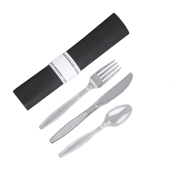 Black Pre-Rolled Linen-Feel Napkin & Clear Heavy Weight Plastic Cutlery Set 17" x 17" - 100/Case