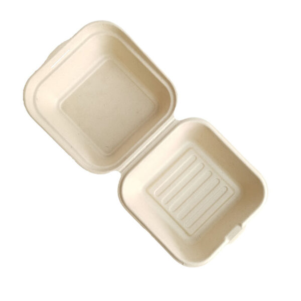 Hinged-Lid Compostable Food Containers Bagasse To Go Boxes (1 Compartment) 6" X 6" X 3" - 500/Case - Image 4