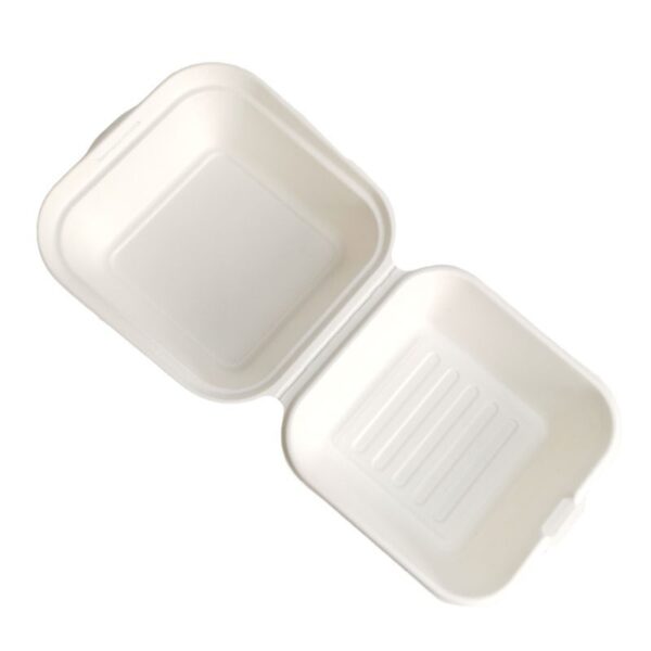 Hinged-Lid Compostable Food Containers Bagasse To Go Boxes (1 Compartment) 6" X 6" X 3" - 500/Case - Image 3