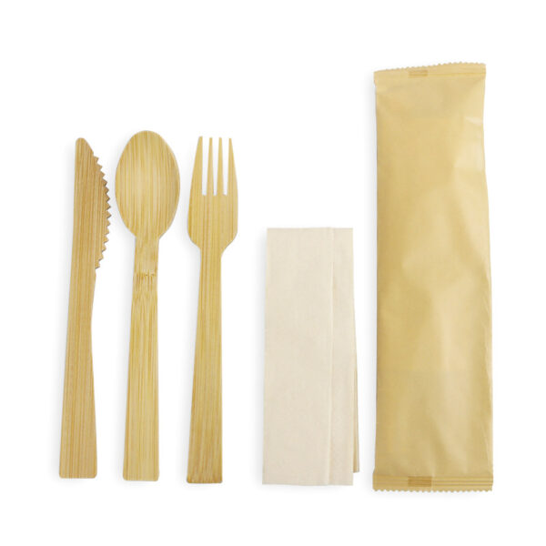 6.7" Disposable Wrapped Bamboo Cutlery Set with Napkin - 1000/Case