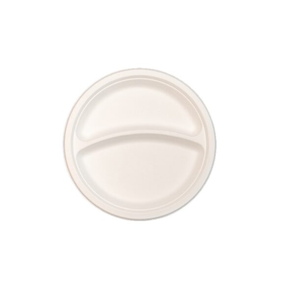 9" White Compostable Bagasse Round Plate 2 Compartment - 500/Case