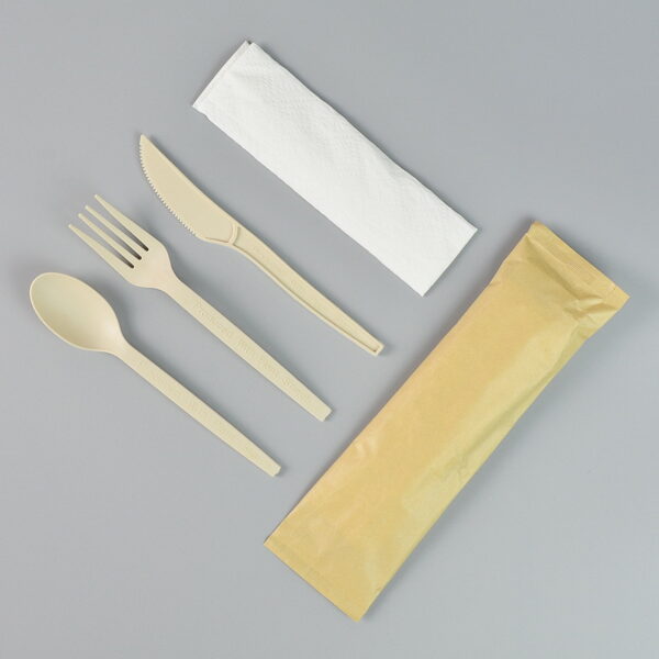 6 1/2" Biodegradable Cornstarch Cutlery Set with Napkin - 500/Case