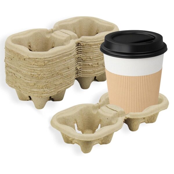 Compostable Pulp Fiber 2 Cup Carrier To Go Coffee Cup Holder - 600/Case