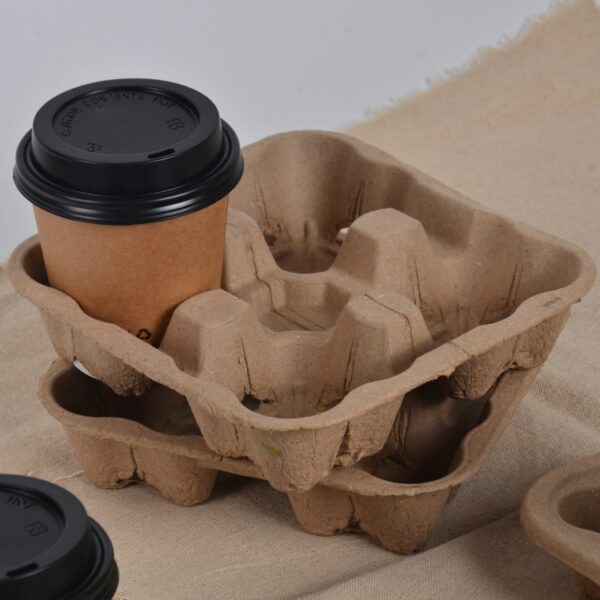 Compostable Pulp Fiber 4 Cup Carrier To Go Coffee Cup Holder - 300/Case - Image 3