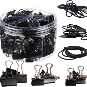 Binder/Paper/Office Clips, Rubber Bands Set Assorted Sizes & Black Color- 240pcs