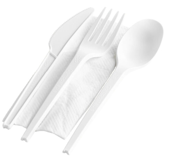 Individually Wrapped Heavy Weight Compostable (White) 6 1/2" CPLA Knife, Fork, Spoon, and Napkin - 250/Case