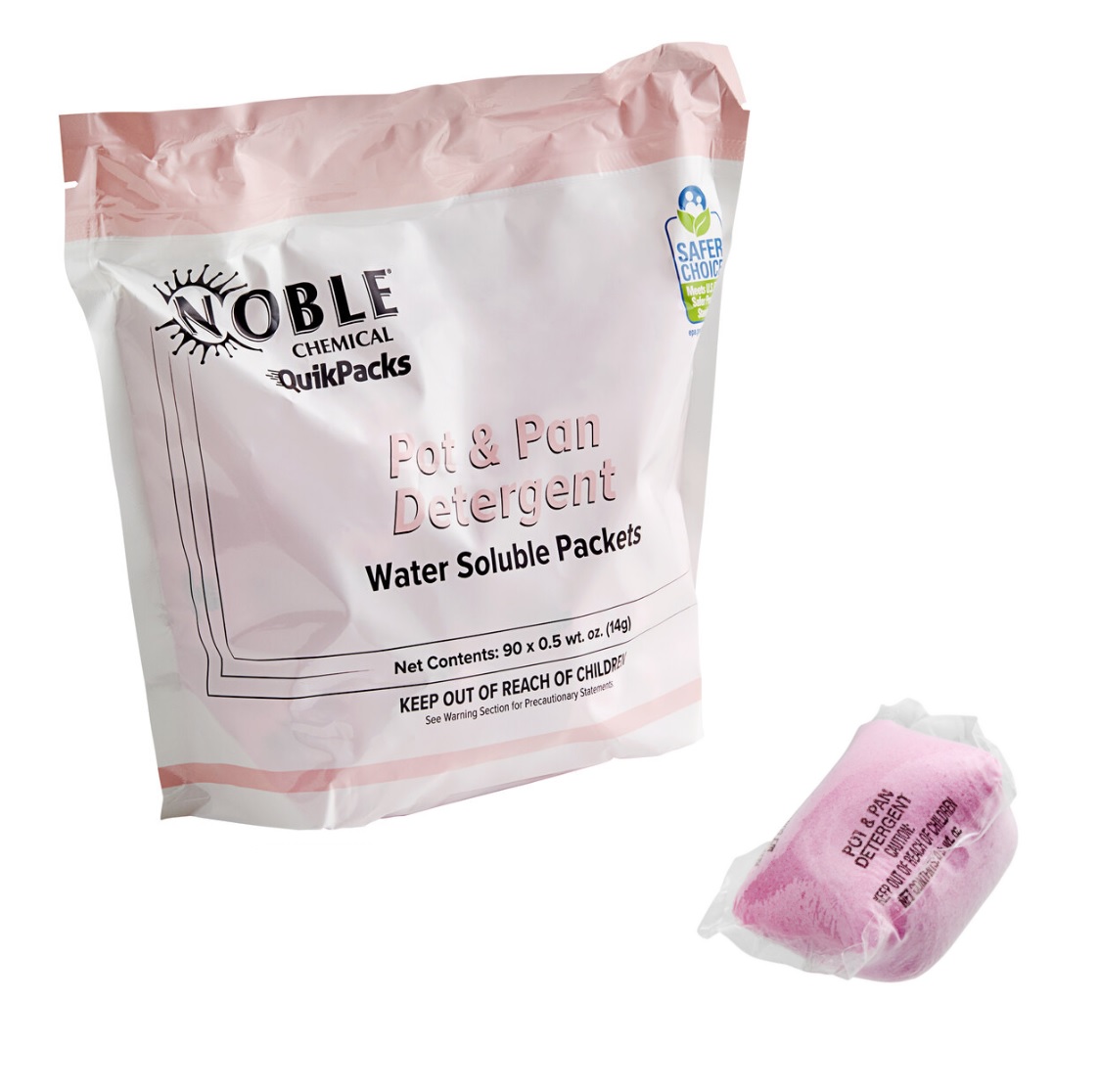 Noble Chemical Pot & Pan Detergent water-soluble packets in a pink-and-white bag with a pink sachet beside it.