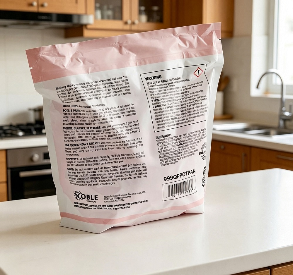Back view of a pink-top packaging bag on a white kitchen counter showing printed text and a barcode panel, likely a snack or food productChains in a bright home kitchen setting.
