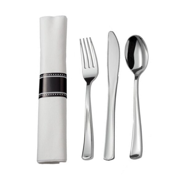 Pre-Rolled Linen-Feel White Napkin and Heavy Weight Silver Plastic Cutlery Set 18″ x 15 1/2″ - 100/Case
