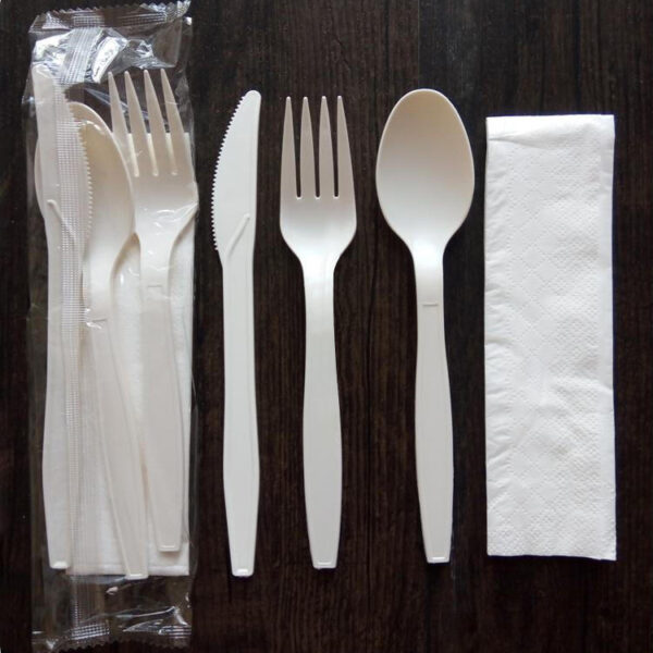 White Wrapped PP Plastic Cutlery Set with Napkin - 1000/Case