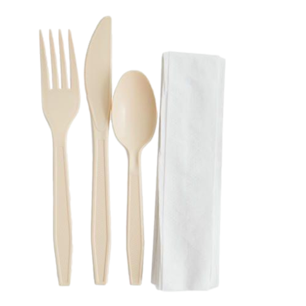 Individually Wrapped Heavy Weight Plastic Cutlery Pack with Napkin (Beige) - 500/Case