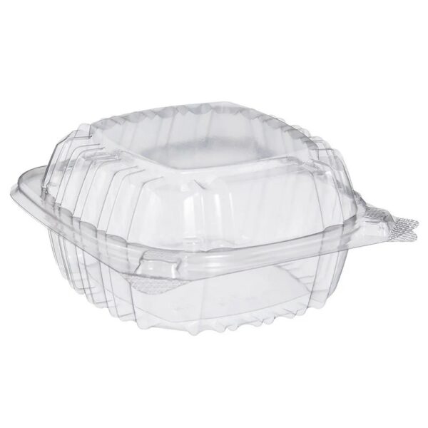 5 3/8" x 5 1/4" x 2 5/8" Clear Hinged Lid Plastic Food Container - 500/Case