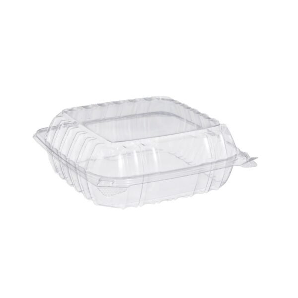 8 1/4" x 8 1/4" x 3" Clear Hinged-Lid Plastic Take Out Container - 250/Case