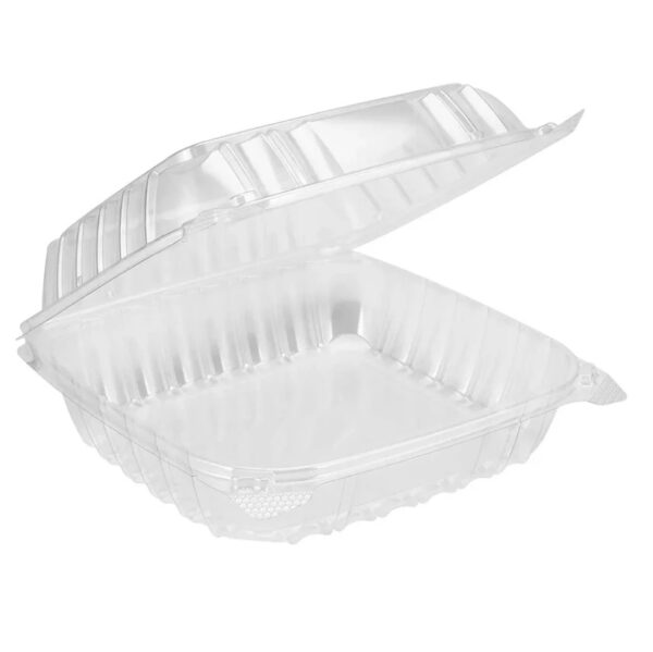 8 1/4" x 8 1/4" x 3" Clear Hinged-Lid Plastic Take Out Container - 250/Case - Image 2