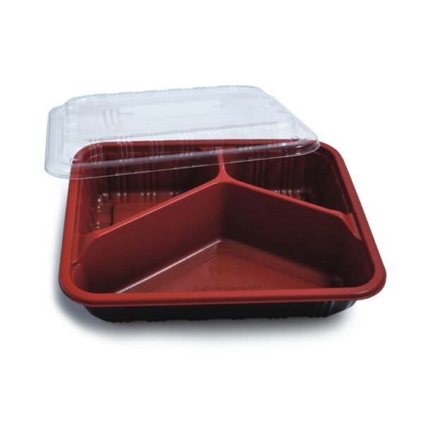 8.7" x 7" Microwavable Plastic 3-Compartment To Go Box with Lid - 300/Case