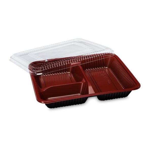 9" x 7.6" Microwavable Plastic 3-Compartment To Go Box with Lid - 300/Case