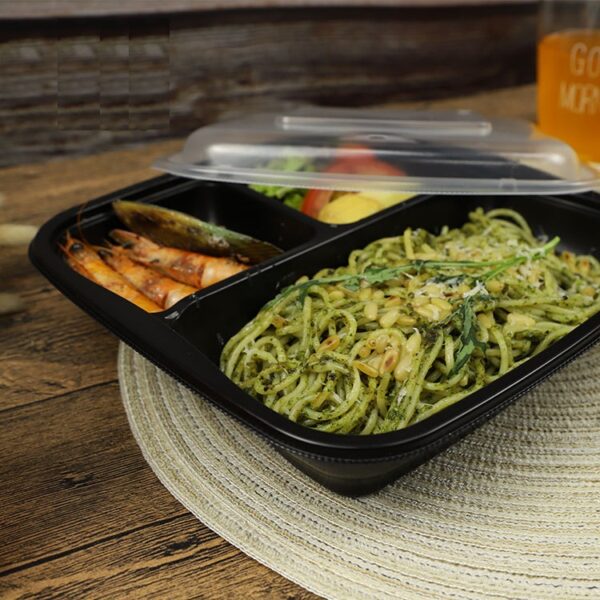 9" x 9" x 3" Black Plastic 3-Compartment Take Out Container Microwavable Lunch Box with Lid - 200/Case