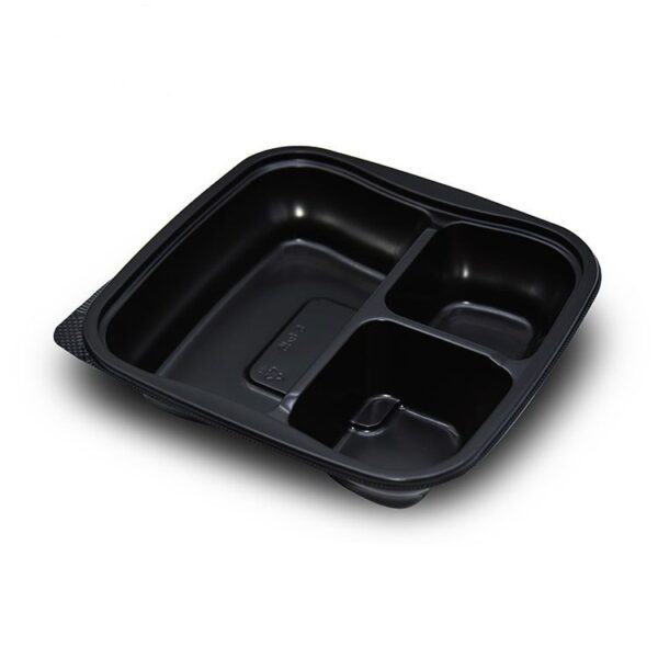 9" x 9" x 3" Black Plastic 3-Compartment Take Out Container Microwavable Lunch Box with Lid - 200/Case - Image 3