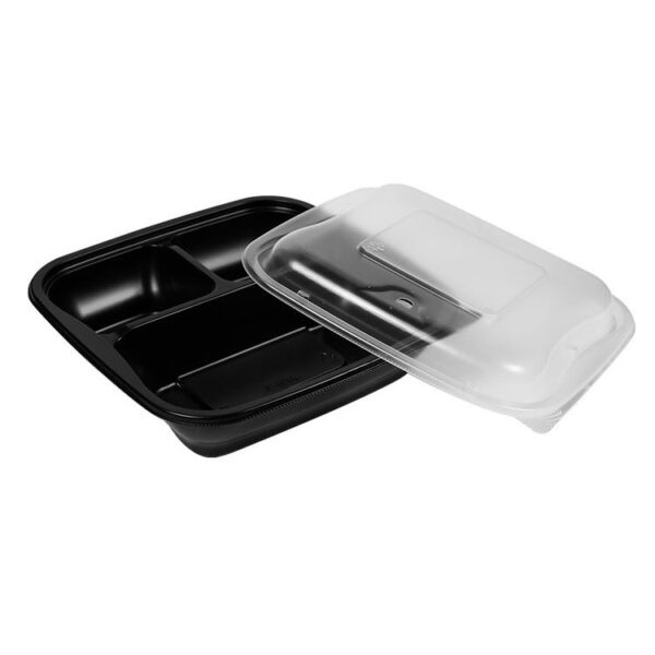9" x 9" x 3" Black Plastic 3-Compartment Take Out Container Microwavable Lunch Box with Lid - 200/Case - Image 2