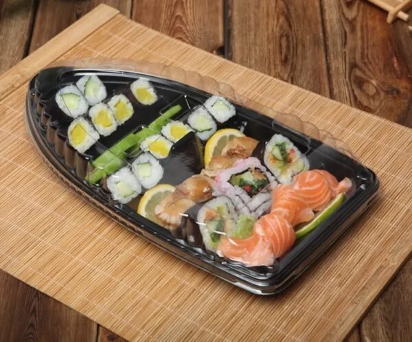 Boat Shape Plastic Sushi Tray Food Container with Lid - 300/Case