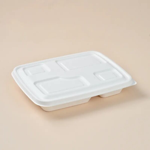 11″x8.7″x1.77″ White Compostable Plant Fiber Deep 4 Compartment Lunch Tray with Lid - 200/Case - Image 2