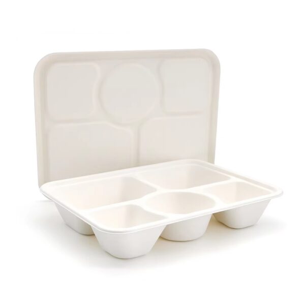 11″x8.7″x1.77″ White Compostable Plant Fiber Deep 5 Compartment Lunch Tray with Lid - 200/Case