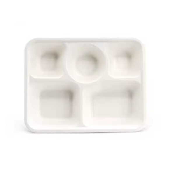 11″x8.7″x1.77″ White Compostable Plant Fiber Deep 5 Compartment Lunch Tray with Lid - 200/Case - Image 2