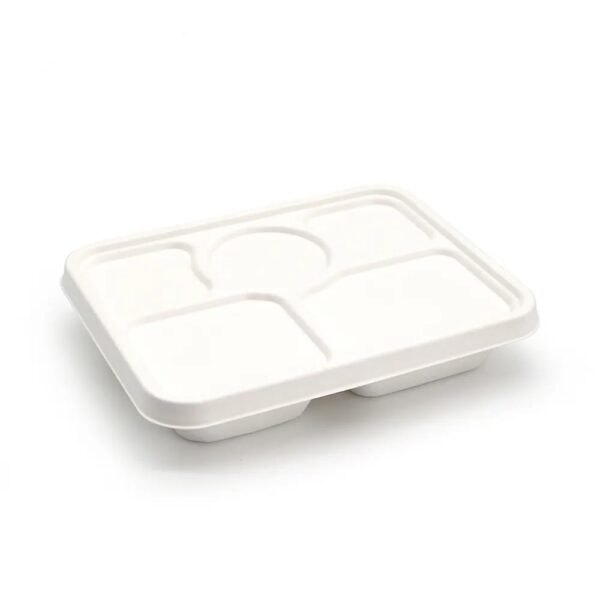 11″x8.7″x1.77″ White Compostable Plant Fiber Deep 5 Compartment Lunch Tray with Lid - 200/Case - Image 3