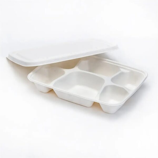 11″x8.7″x1.77″ White Compostable Plant Fiber Deep 6 Compartment Lunch Tray with Lid - 200/Case