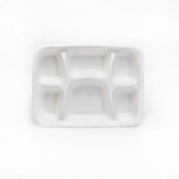 11″x8.7″x1.77″ White Compostable Plant Fiber Deep 6 Compartment Lunch Tray with Lid - 200/Case - Image 2