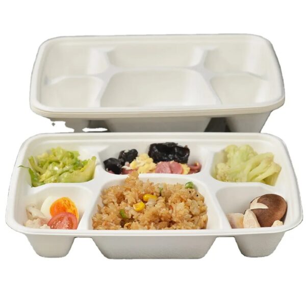 11″x8.7″x1.77″ White Compostable Plant Fiber Deep 6 Compartment Lunch Tray with Lid - 200/Case - Image 4
