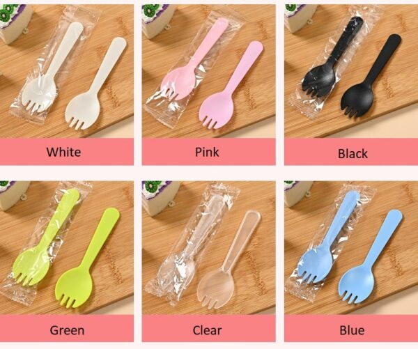 4 1/2" Individually Wrapped Mini Plastic Sporks for Cake Ice Cream Salad and Dessert - 6000/Case - Image 2