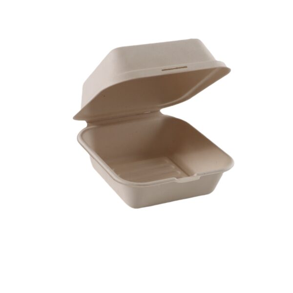 5" X 5" X 3" Hinged-Lid Compostable 1 Compartment Food Containers Bagasse Take Out Boxes - 500/Case - Image 2
