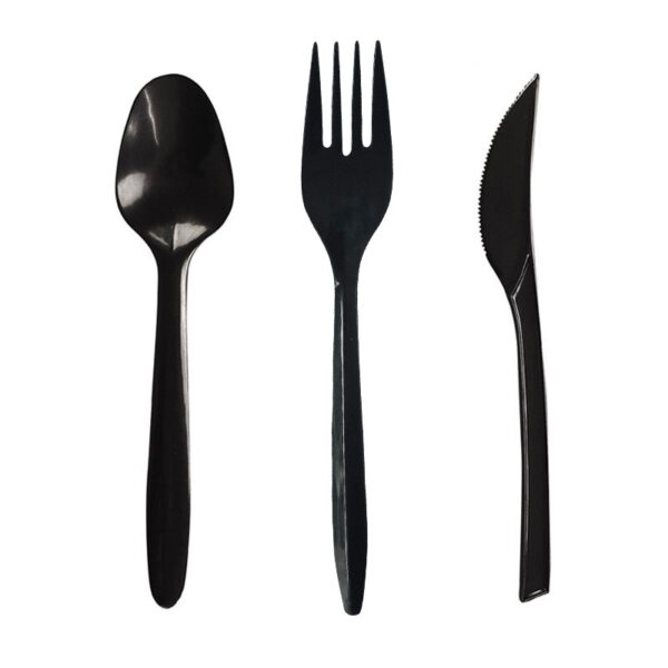 6" Individually Wrapped Black Plastic Knife Fork Spoon - 3000/Case