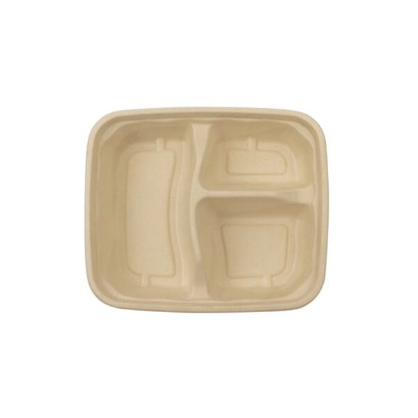 8.7″x7.6″x1.4″ Natural Compostable Plant Fiber 3 Compartment Lunch Tray with Lid - 300/Case - Image 2