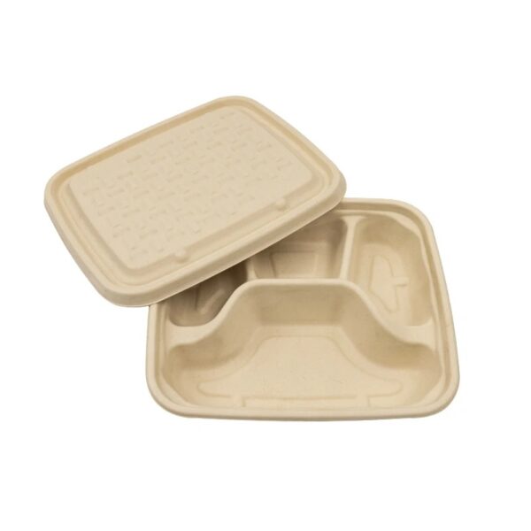 8.7″x7.6″x1.4″ Natural Compostable Plant Fiber 4 Compartment Lunch Tray with Lid - 300/Case
