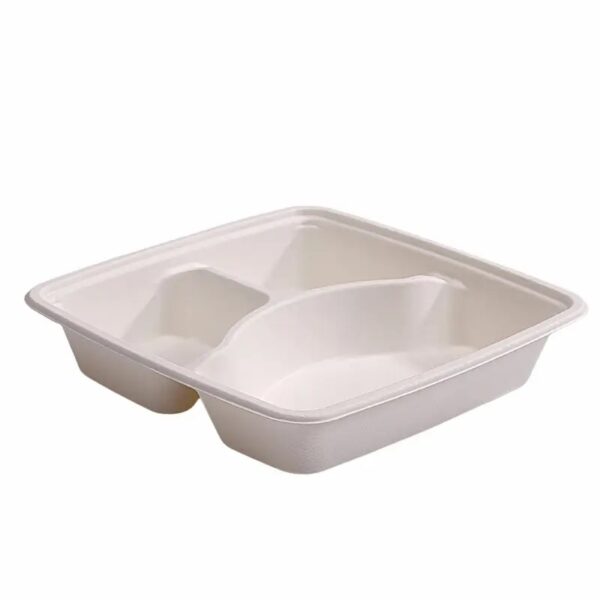 9″x9″x1.7″ White Compostable Plant Fiber Deep 3 Compartment Lunch Tray with Lid - 200/Case - Image 2