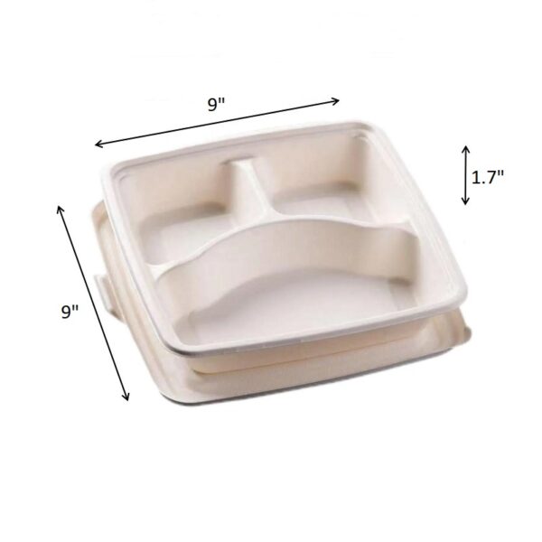 9″x9″x1.7″ White Compostable Plant Fiber Deep 3 Compartment Lunch Tray with Lid - 200/Case - Image 3