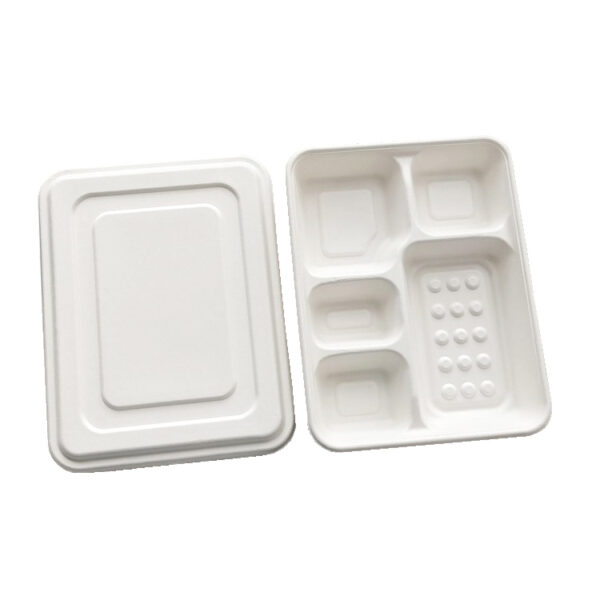 11"x8.7"x1.5" White Compostable Plant Fiber Deep 5 Compartment Lunch Tray with Lid - 200/Case