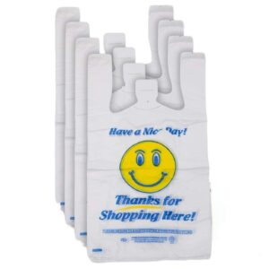 White "Happy Face" Plastic T-Shirt Bag 1/8 Small Size - 1000 Count