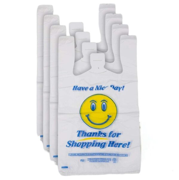 White "Happy Face" Plastic T-Shirt Bag 1/8 Small Size - 1000 Count