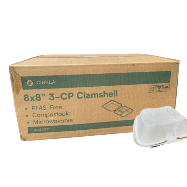 8" x 8" Compostable White Plant Fiber 3 Compartment Take-Out Container - 200/Case