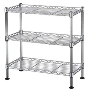 Three-tier chrome wire shelving unit with adjustable legs on a white background.
