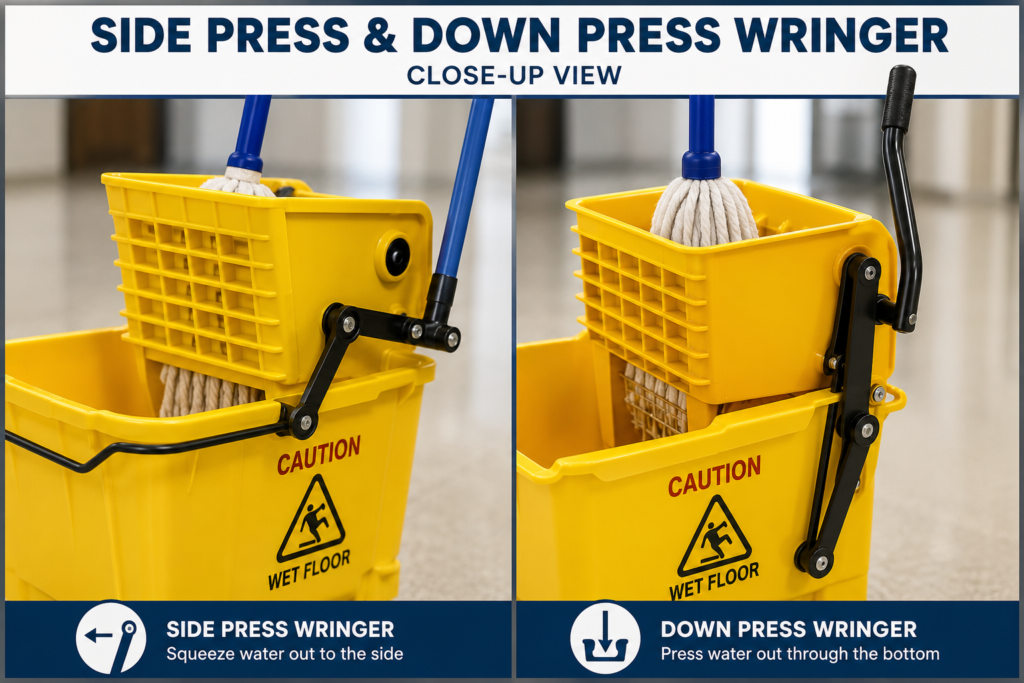 Side Press and Down Press Commercial Mop Bucket Comparison