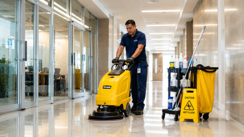 Commercial cleaning equipment used in a modern office building