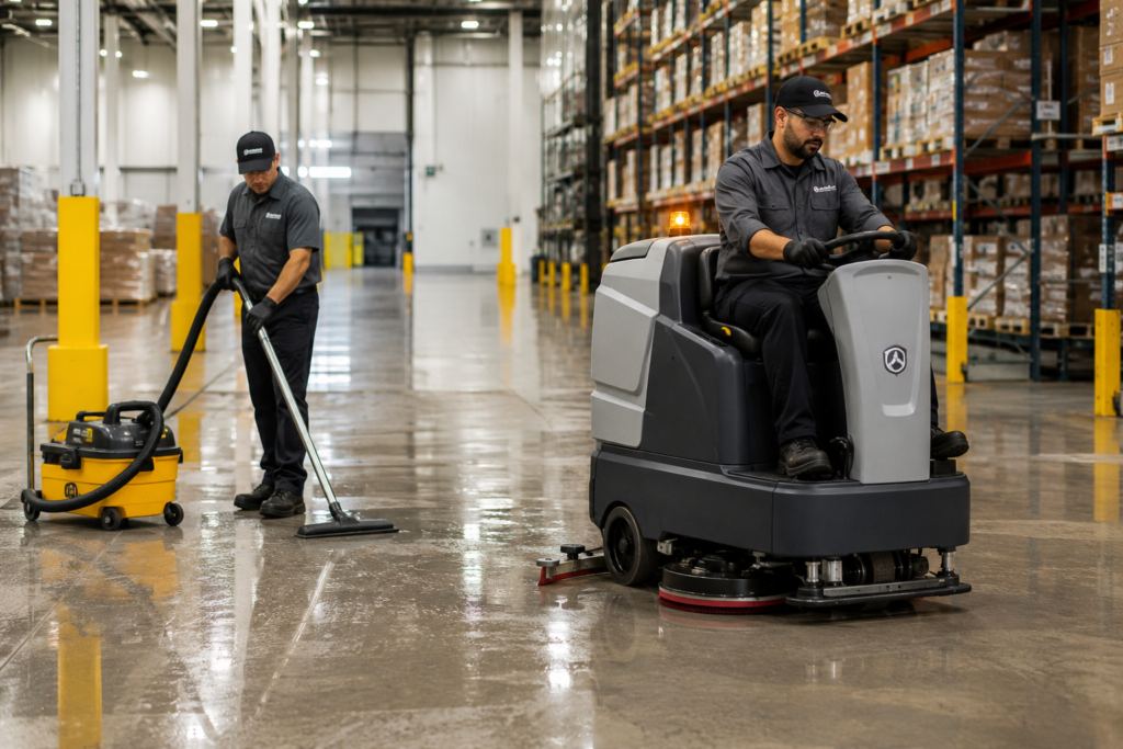 Industrial floor scrubber and wet vac used for warehouse cleaning