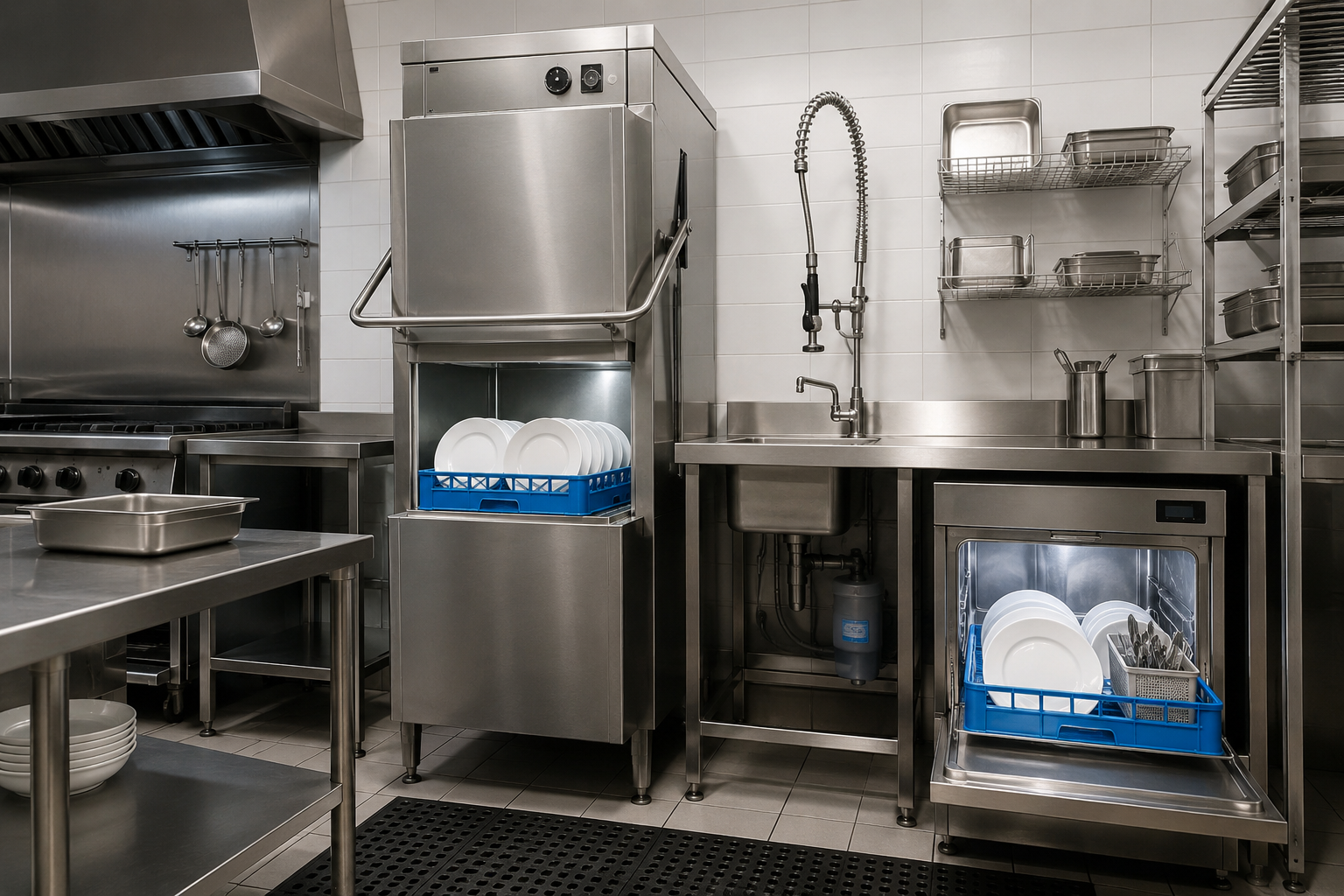 Commercial high-temperature and low-temperature dish machines side by side in a restaurant kitchen