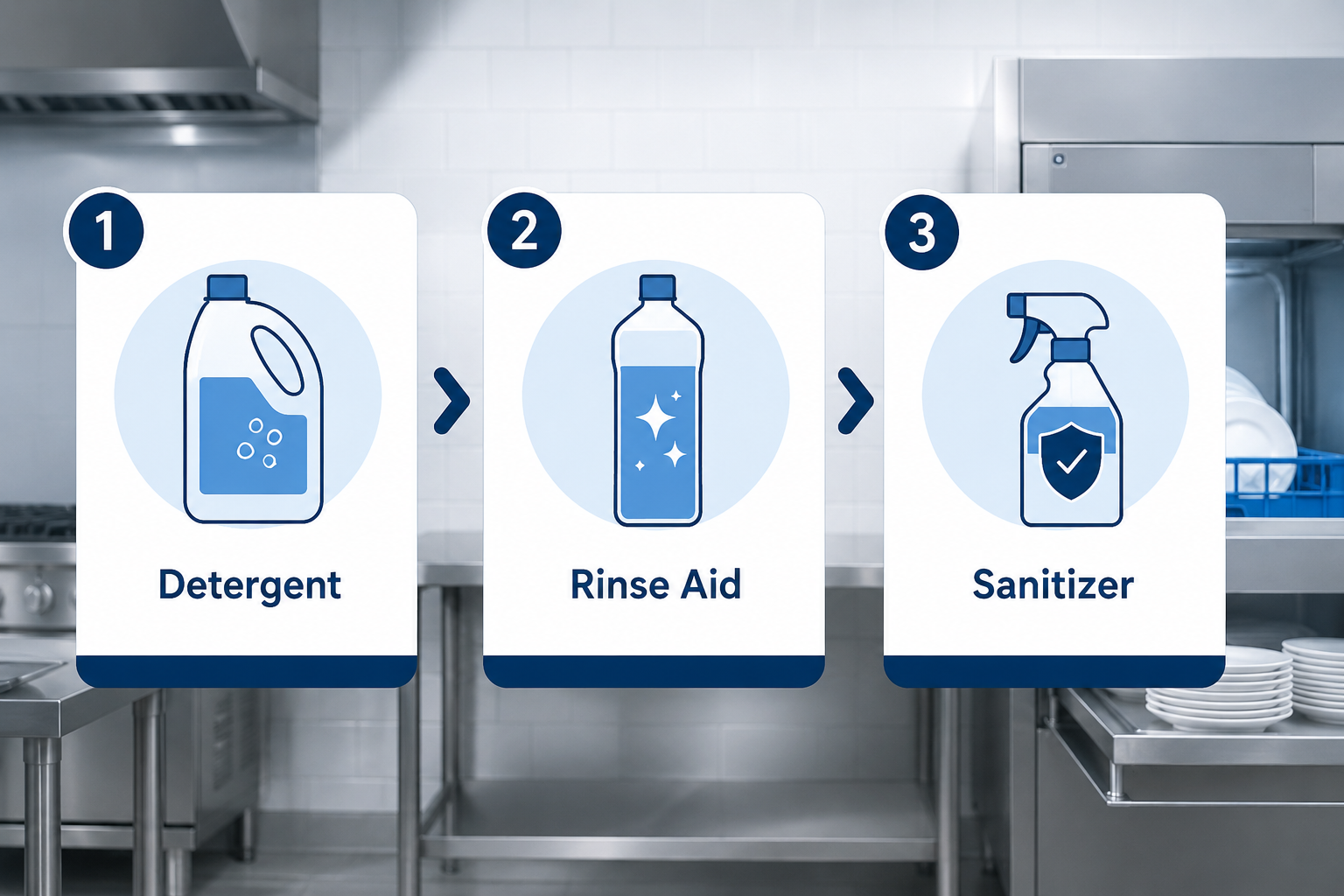 Infographic showing the three steps of a commercial dish machine wash cycle: detergent, rinse aid, and sanitizer